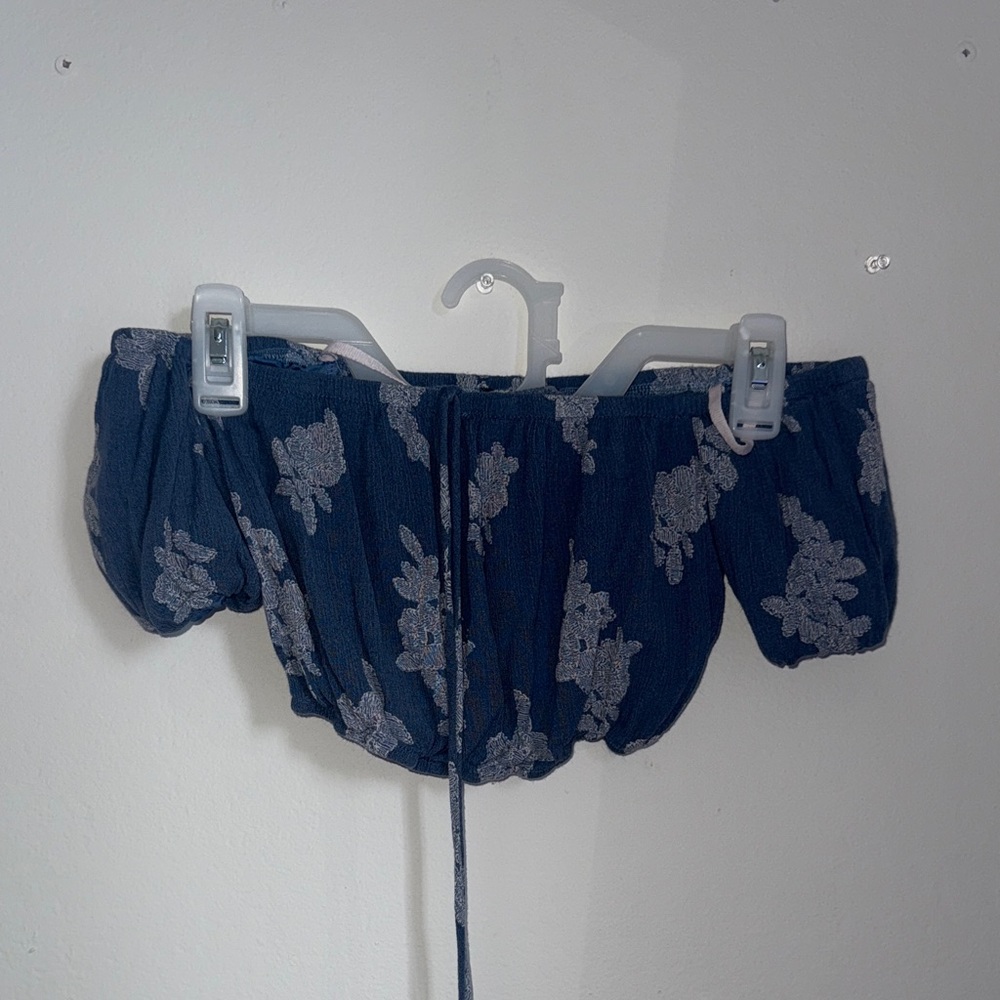 Blue Off-Shoulder Top with Floral Pattern